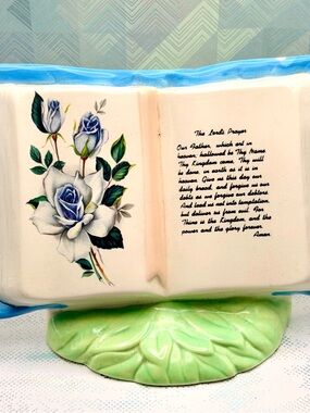 Ceramic Open Book Plaque with Blue Rose Design